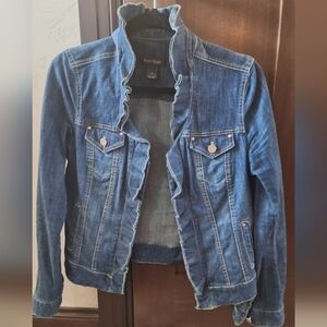 White House Black Market Blue Jean Jacket with Ruffle Detail